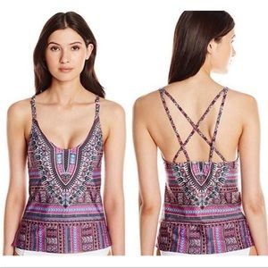 Lucky Brand Boho Desert Dancer Print Strappy Back Tankini Swimsuit Top Med NEW